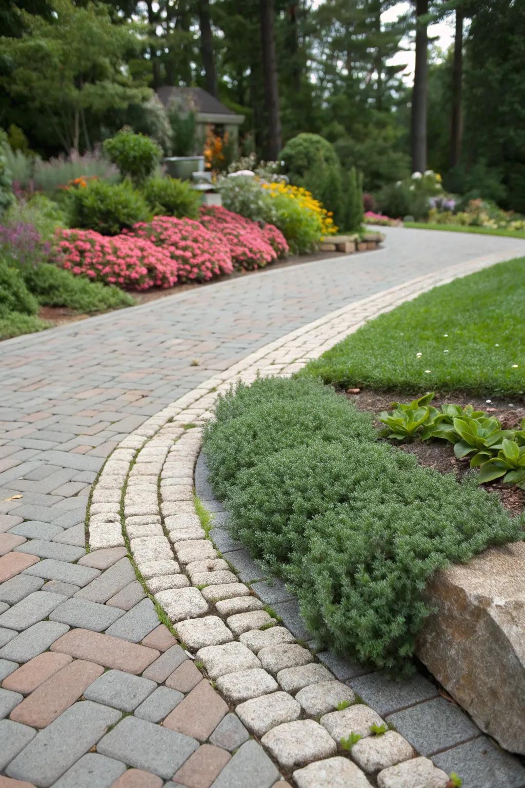 A stunning paver ribbon driveway with a fragrant creeping thyme center.