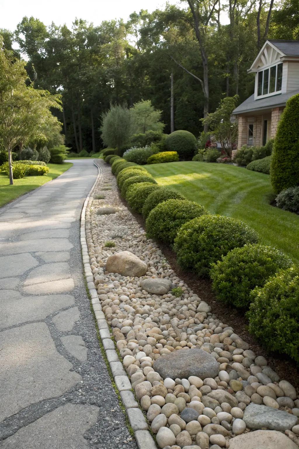 Driveway bordered by riprap stones, adding both function and flair.
