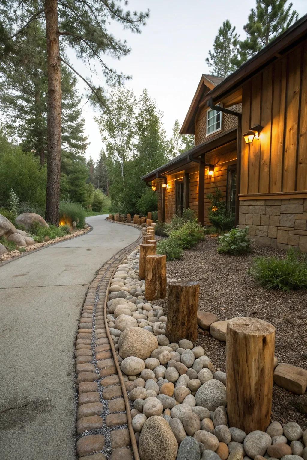 A rustic driveway border combining river rocks and wooden logs.