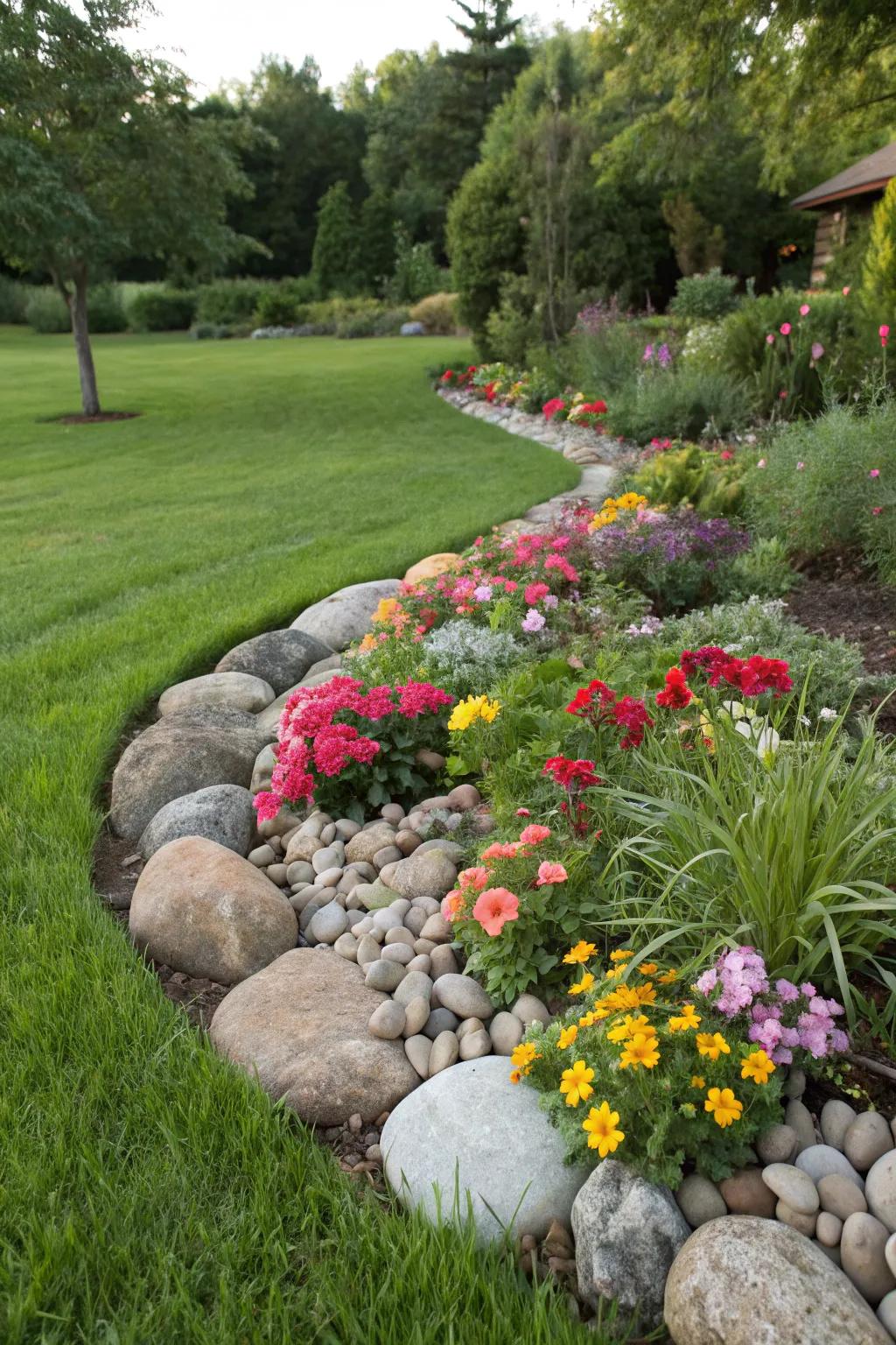 River rocks make beautiful edges for garden planters.