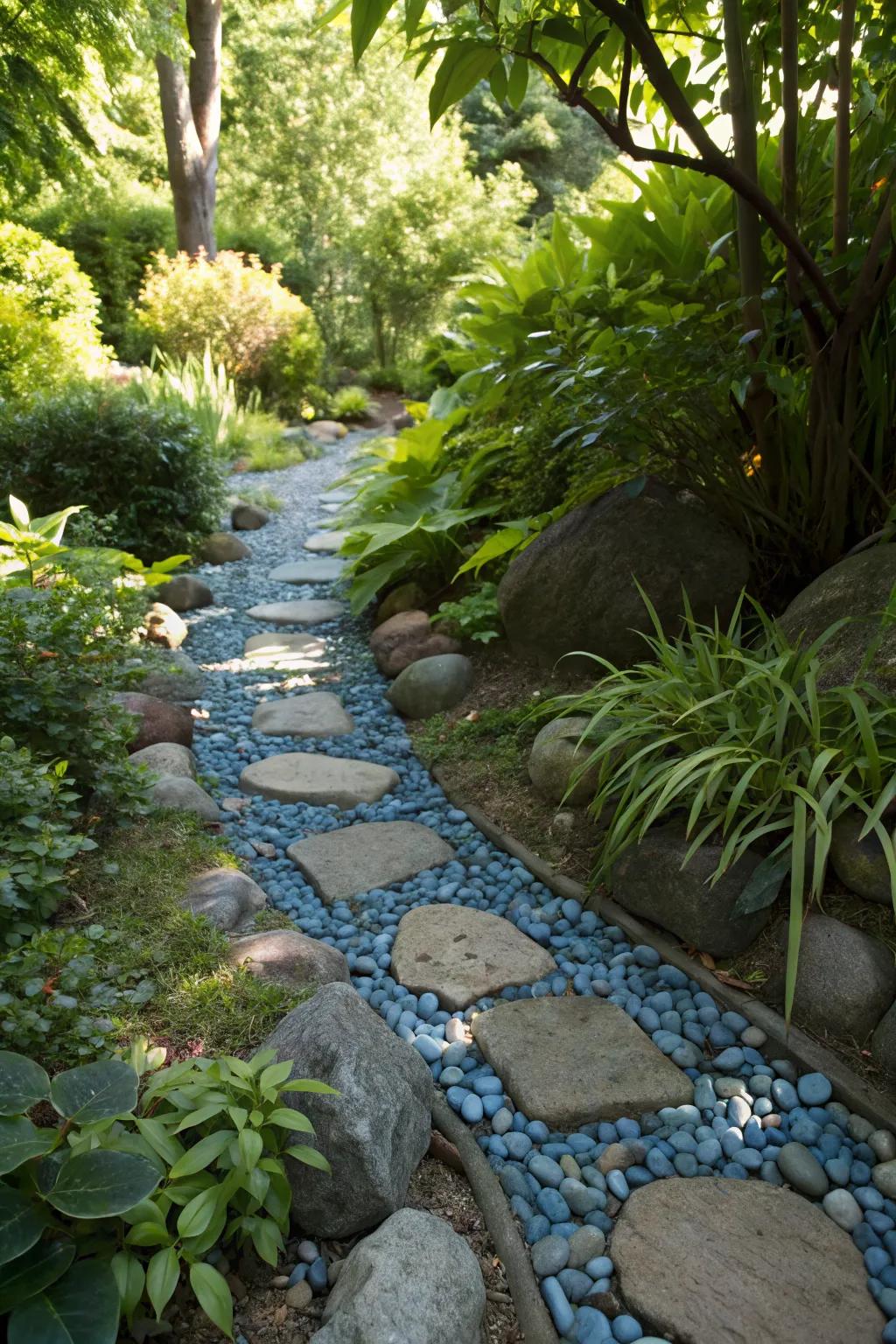Colored stones adding vibrancy to a river rock walkway.