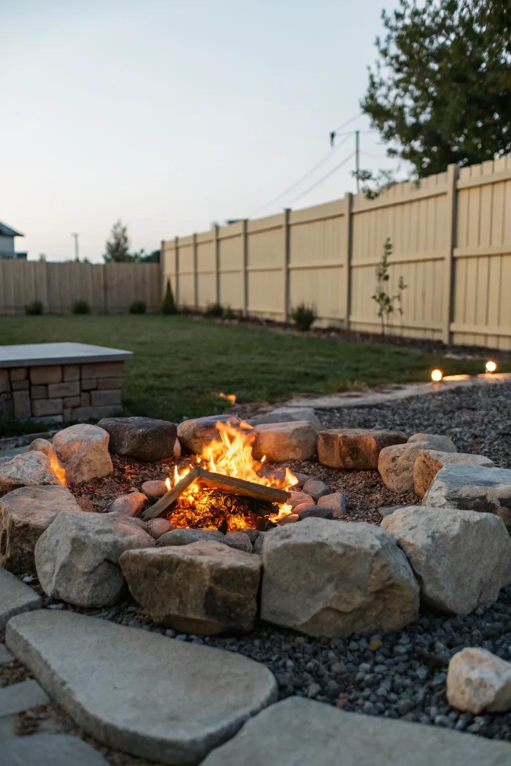 A welcoming fire pit encircled by rocks, perfect for evening gatherings.