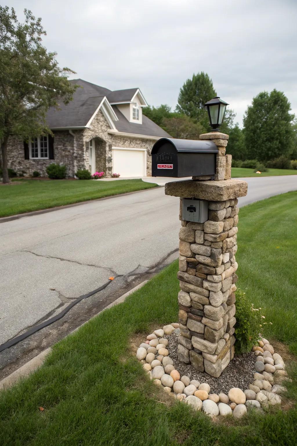 A stacked stone mailbox that exudes timeless elegance and sophistication.