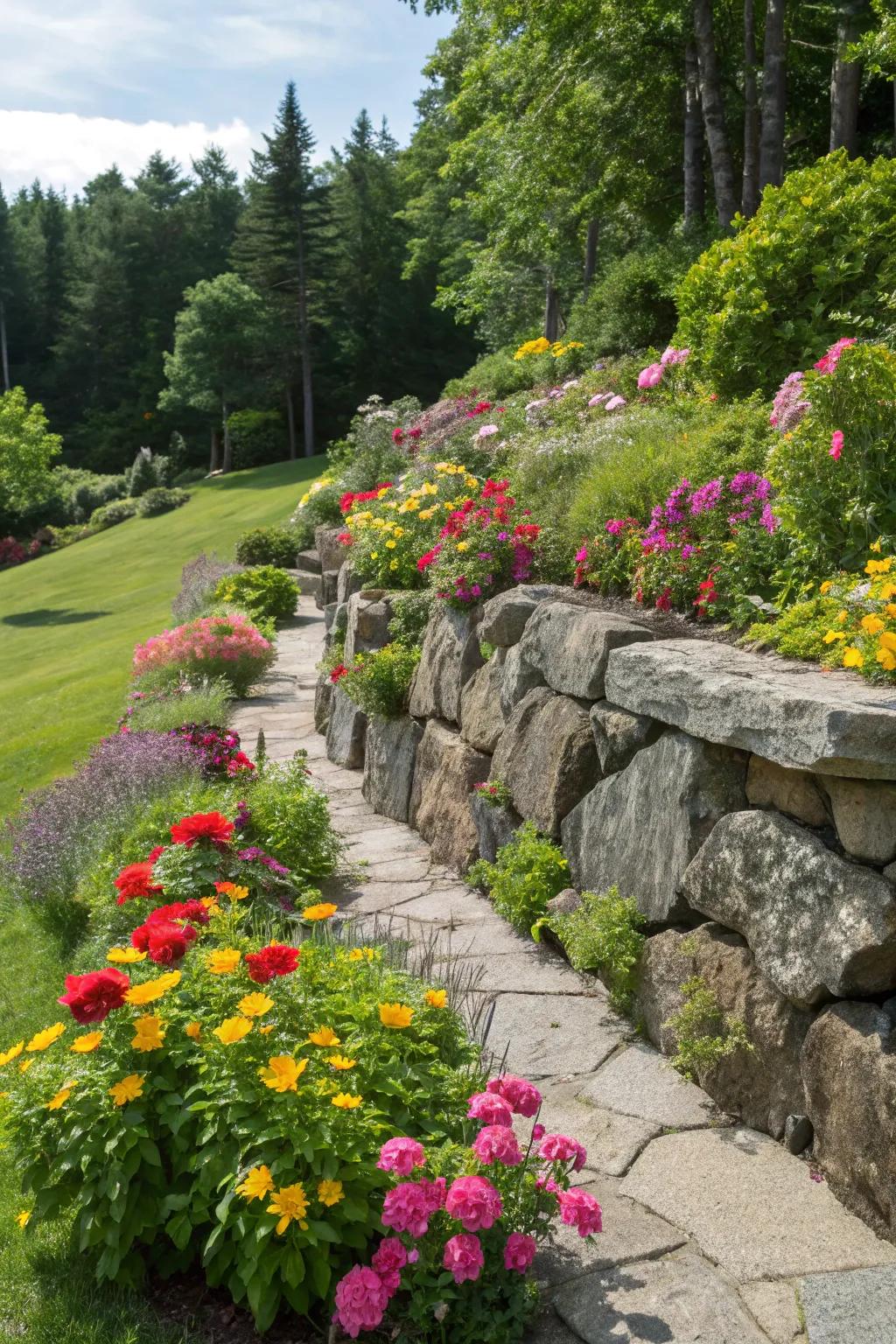 Colorful flowers add a burst of vibrancy to rock wall gardens.