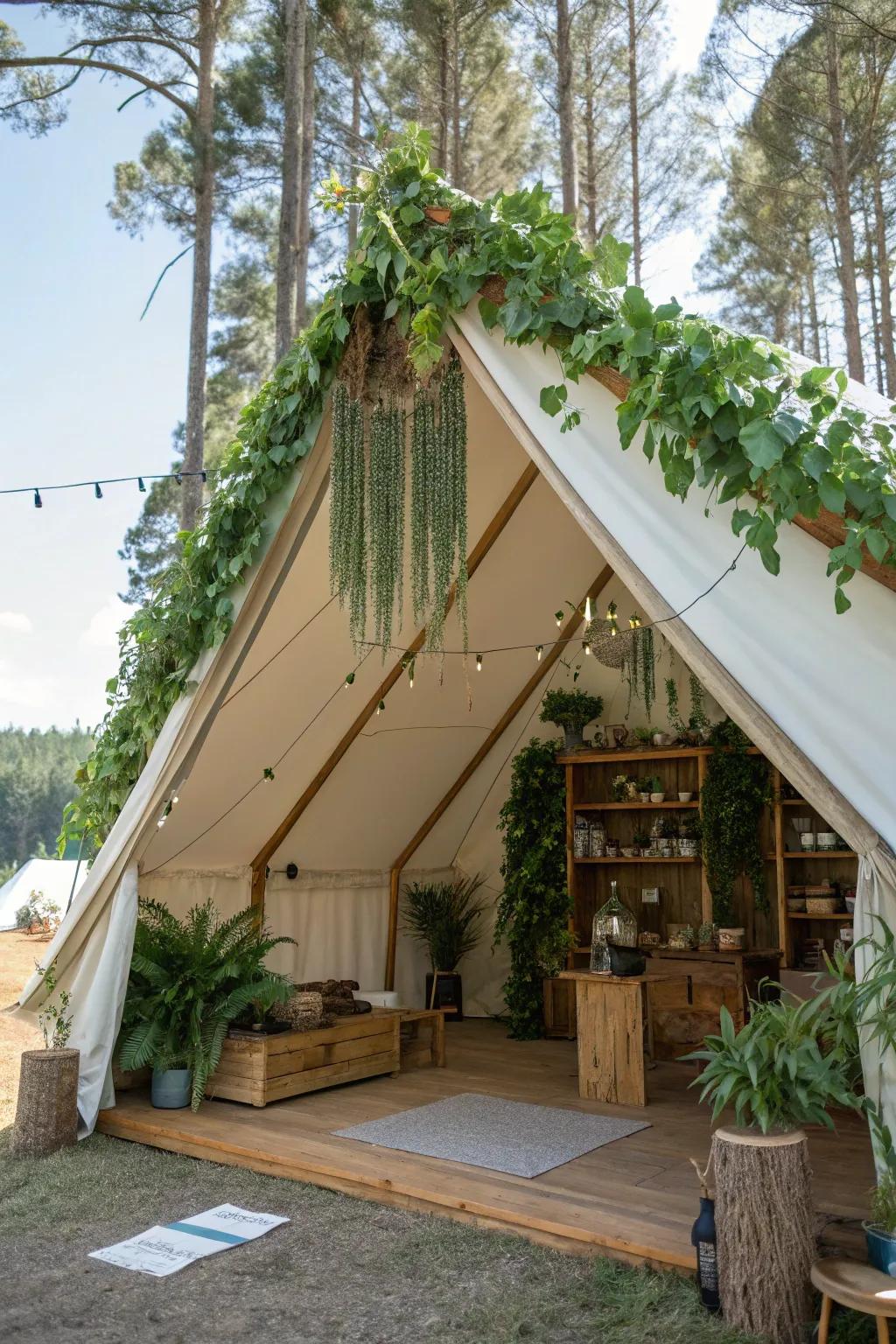A tent adorned with nature-inspired decor elements.
