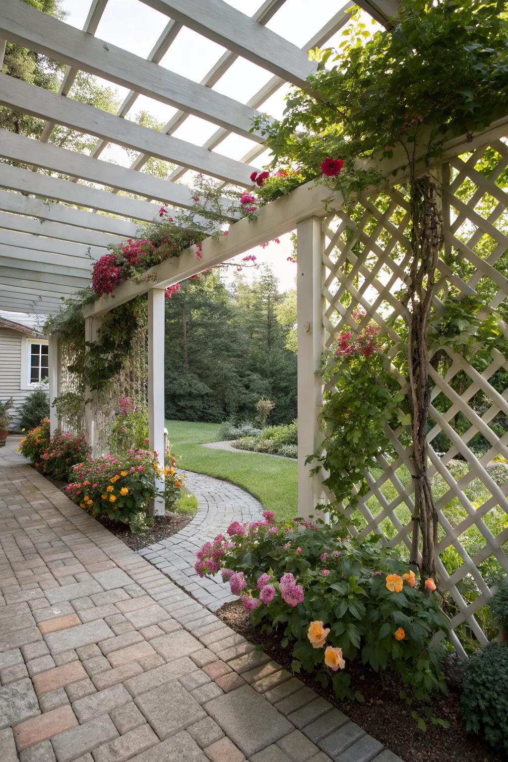 A charming lattice cover adds a whimsical touch with filtered sunlight.