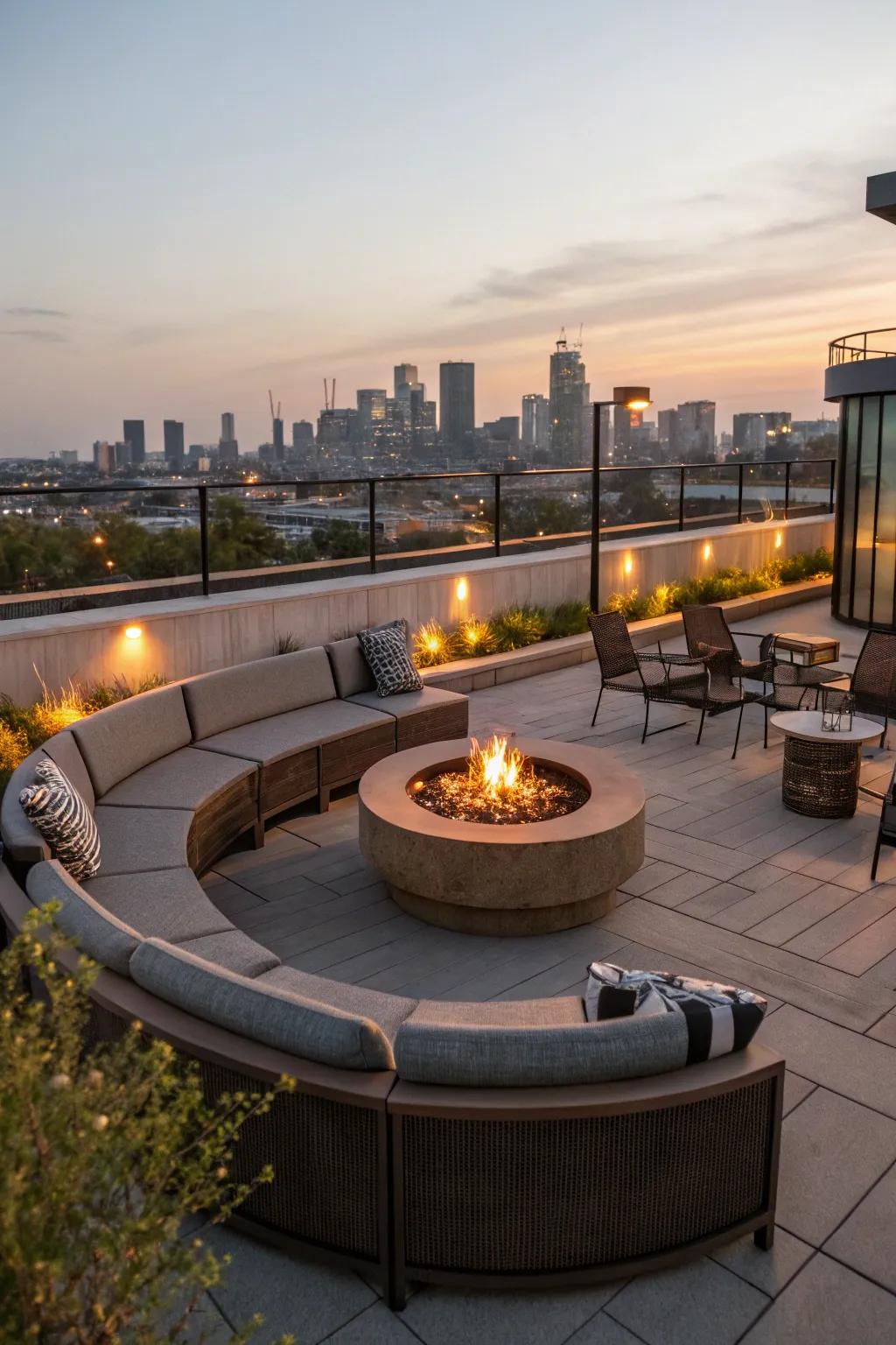 A fire pit serves as a cozy gathering point on your rooftop.
