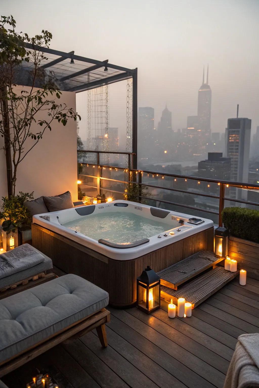 A cozy corner jacuzzi perfect for intimate rooftop gatherings.