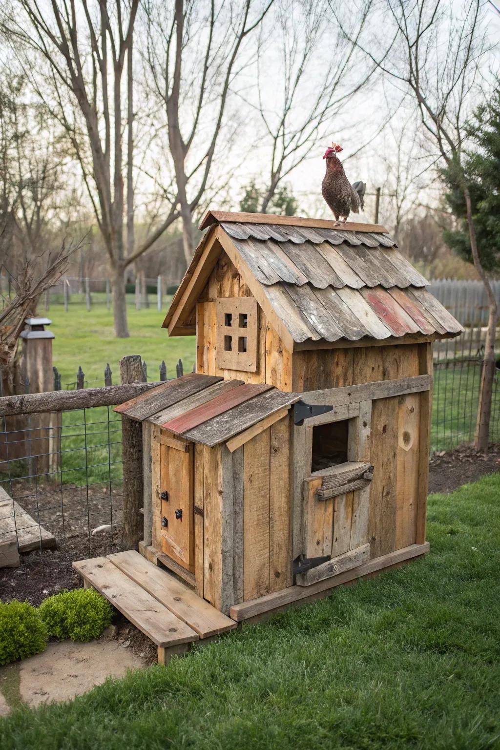 A characterful rooster house crafted from reclaimed wood.