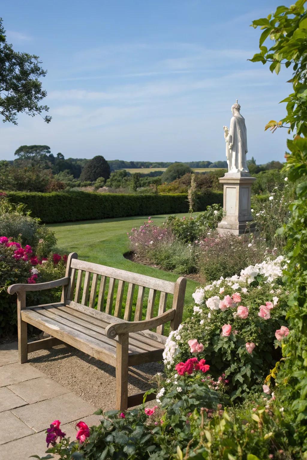 A peaceful seating area for meditation in the garden.