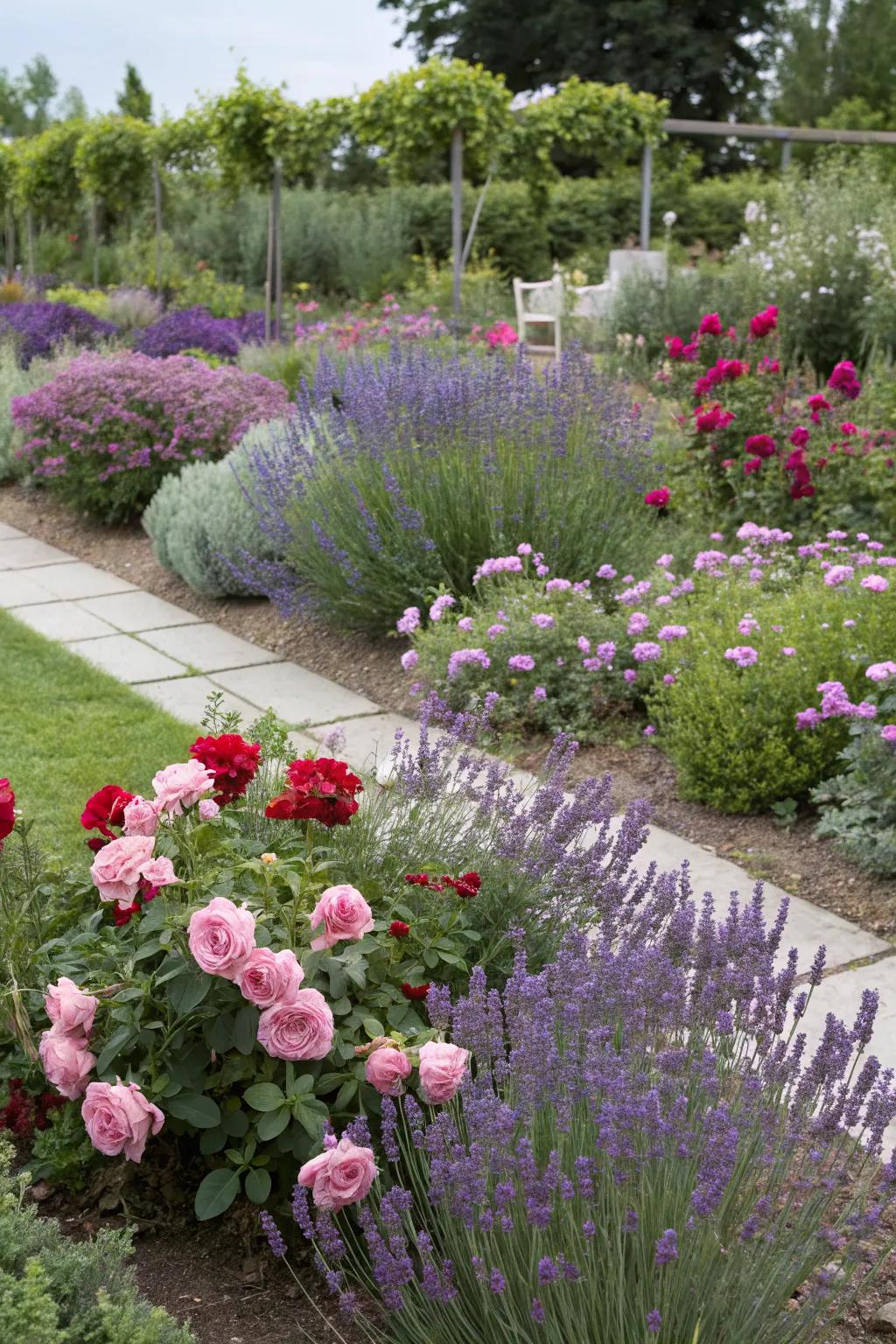 Roses and lavender combine to form a harmonious blend of color and fragrance.