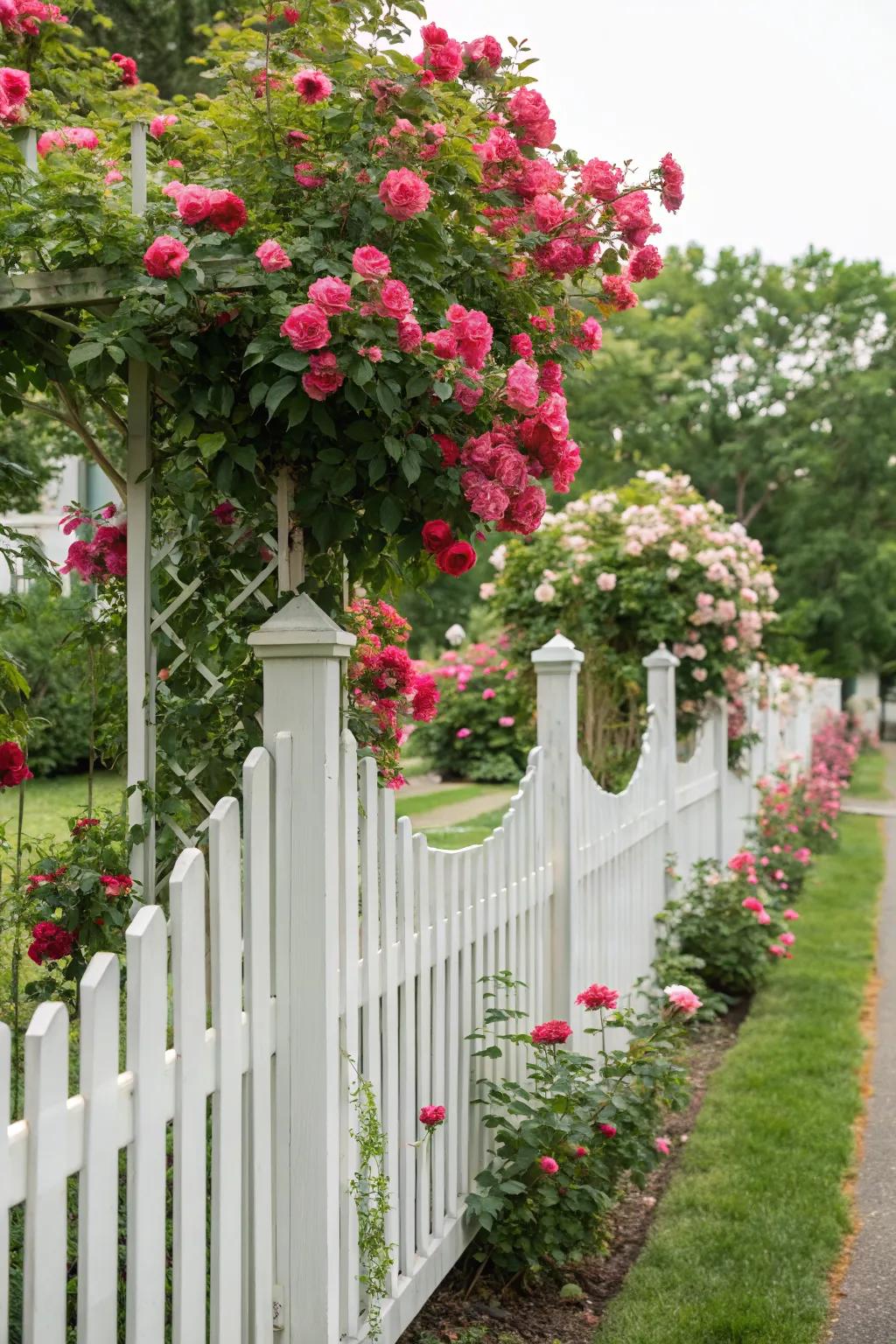 Roses adding a touch of elegance to a classic fence line.