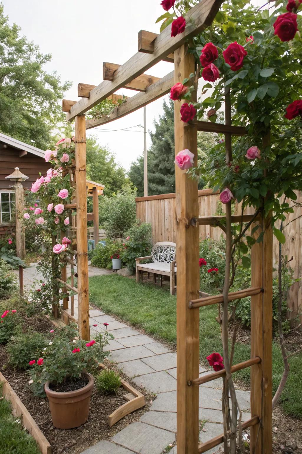 DIY wooden frames offering unique support to roses.