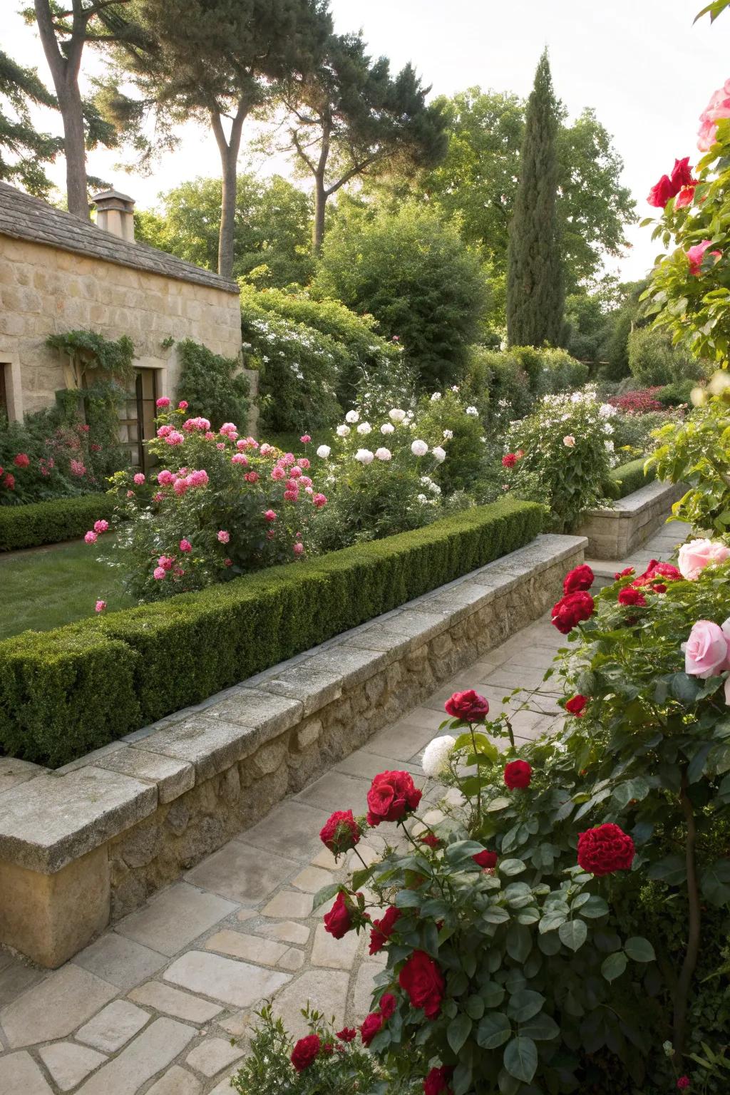 Organized rose beds framed by trimmed hedges and stone borders.