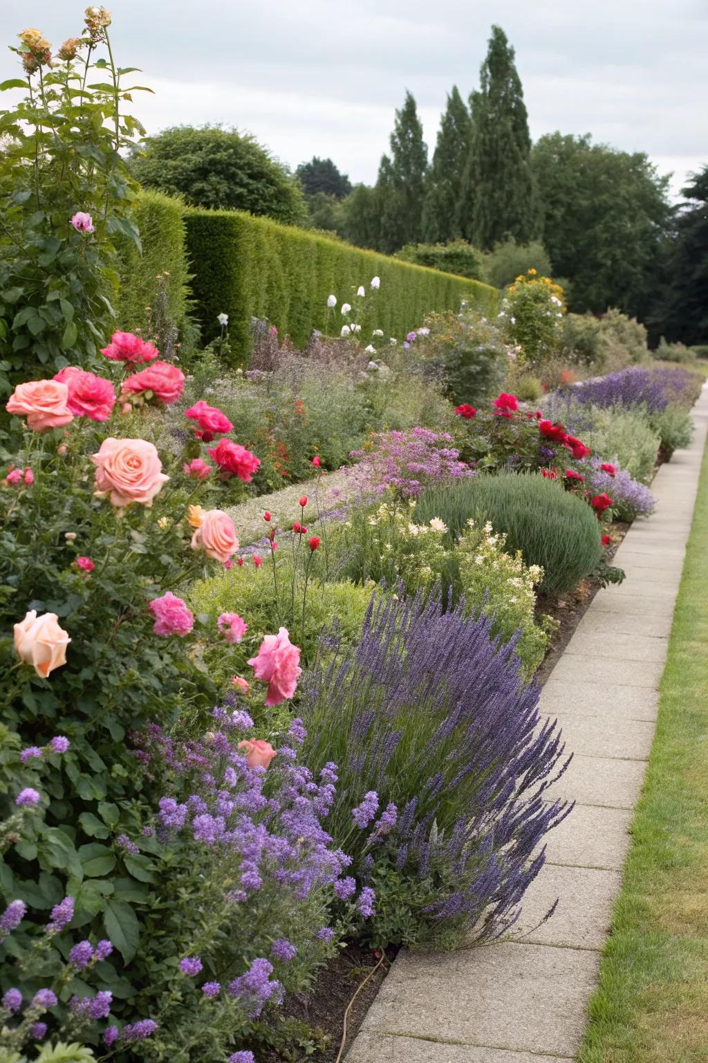 A mixed plant border with roses and lavender adds texture and fragrance.