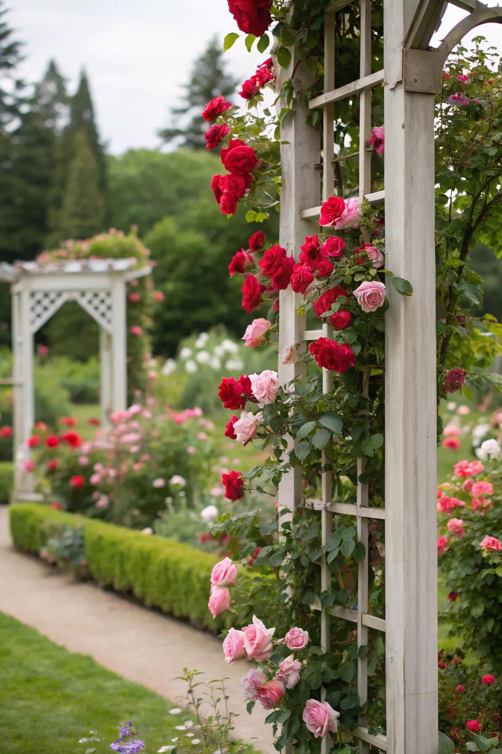A vertical rose display using a trellis for added garden interest.