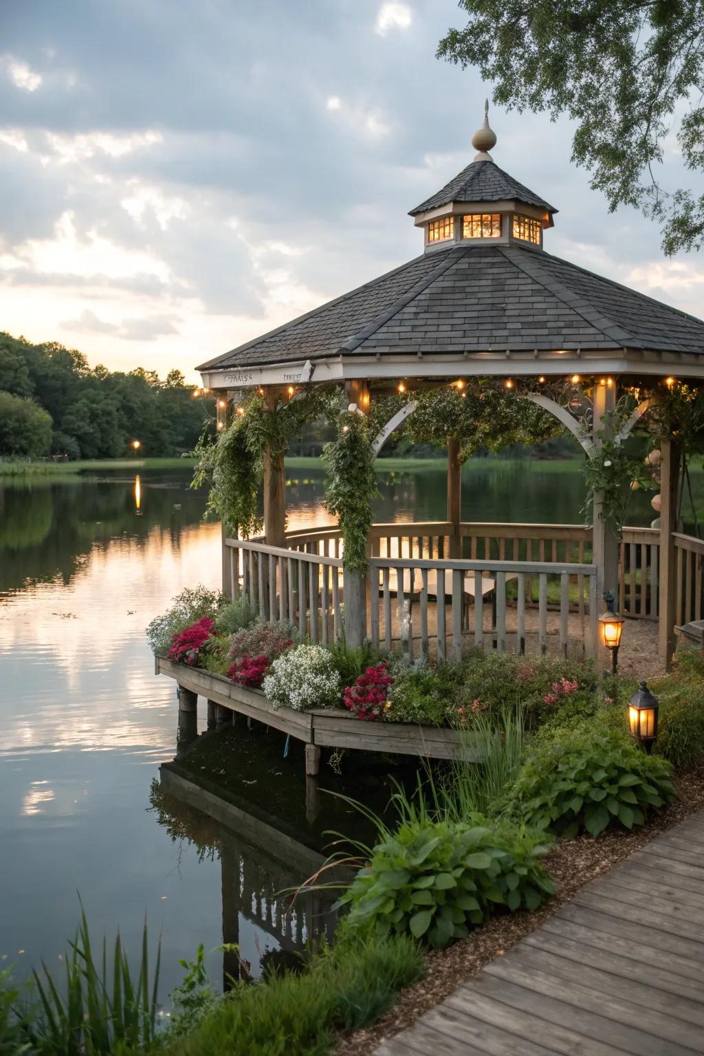 A picturesque round gazebo with a serene waterfront view.