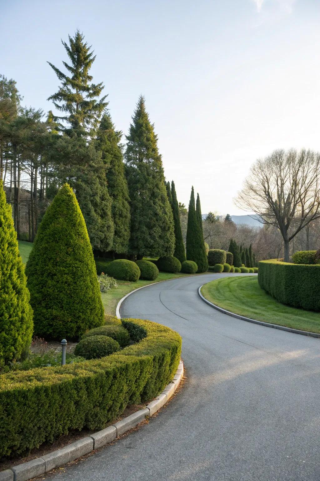 Evergreen hedges offer a timeless touch to your driveway.