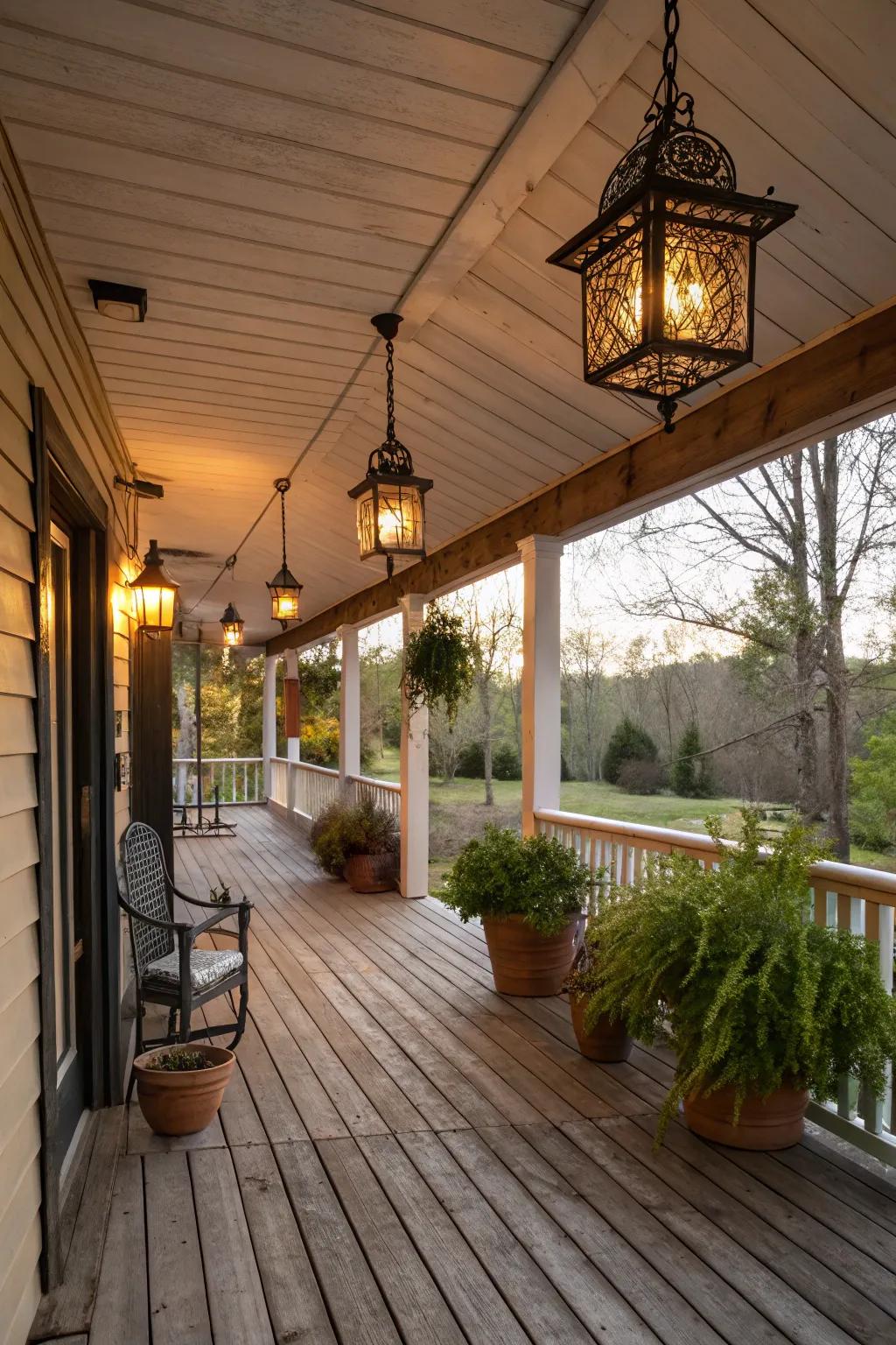 Hanging lanterns provide a charming and warm ambiance to any rustic porch.