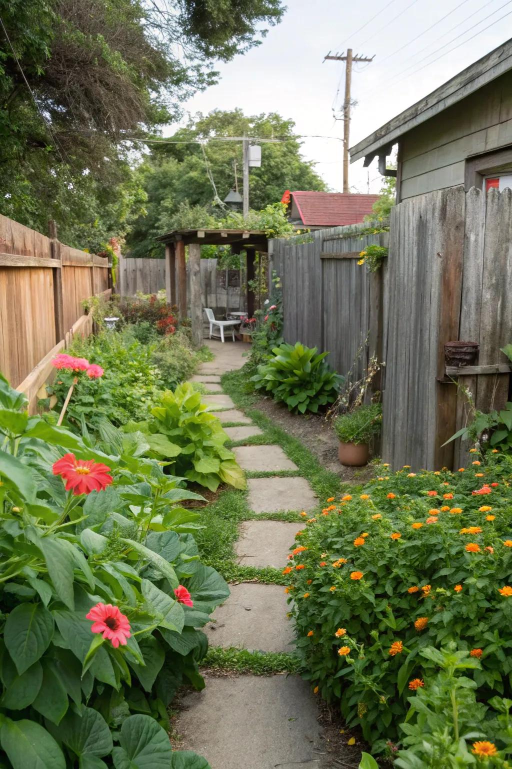 Lush greenery and colorful flowers create a vibrant rustic backyard.