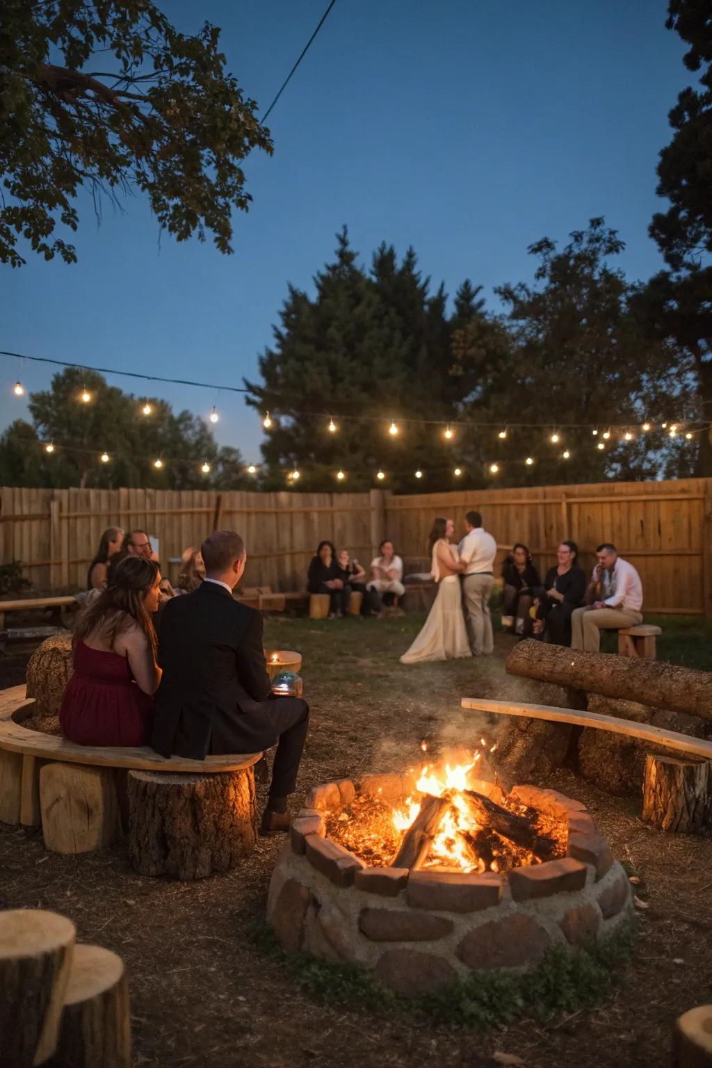Guests enjoying a warm fire pit at a rustic backyard wedding.