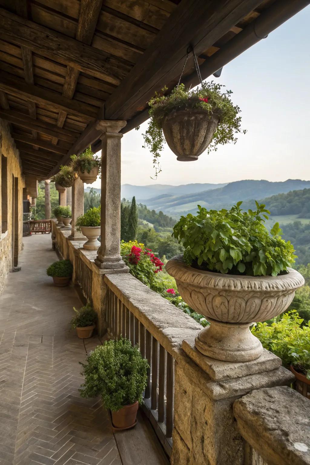 A rustic balcony featuring stone planters that enhance the natural vibe.