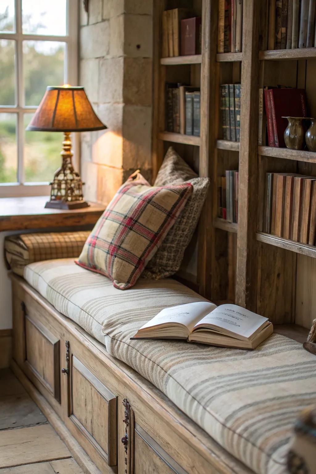 Transform your rustic bench into a cozy reading nook with cushions.
