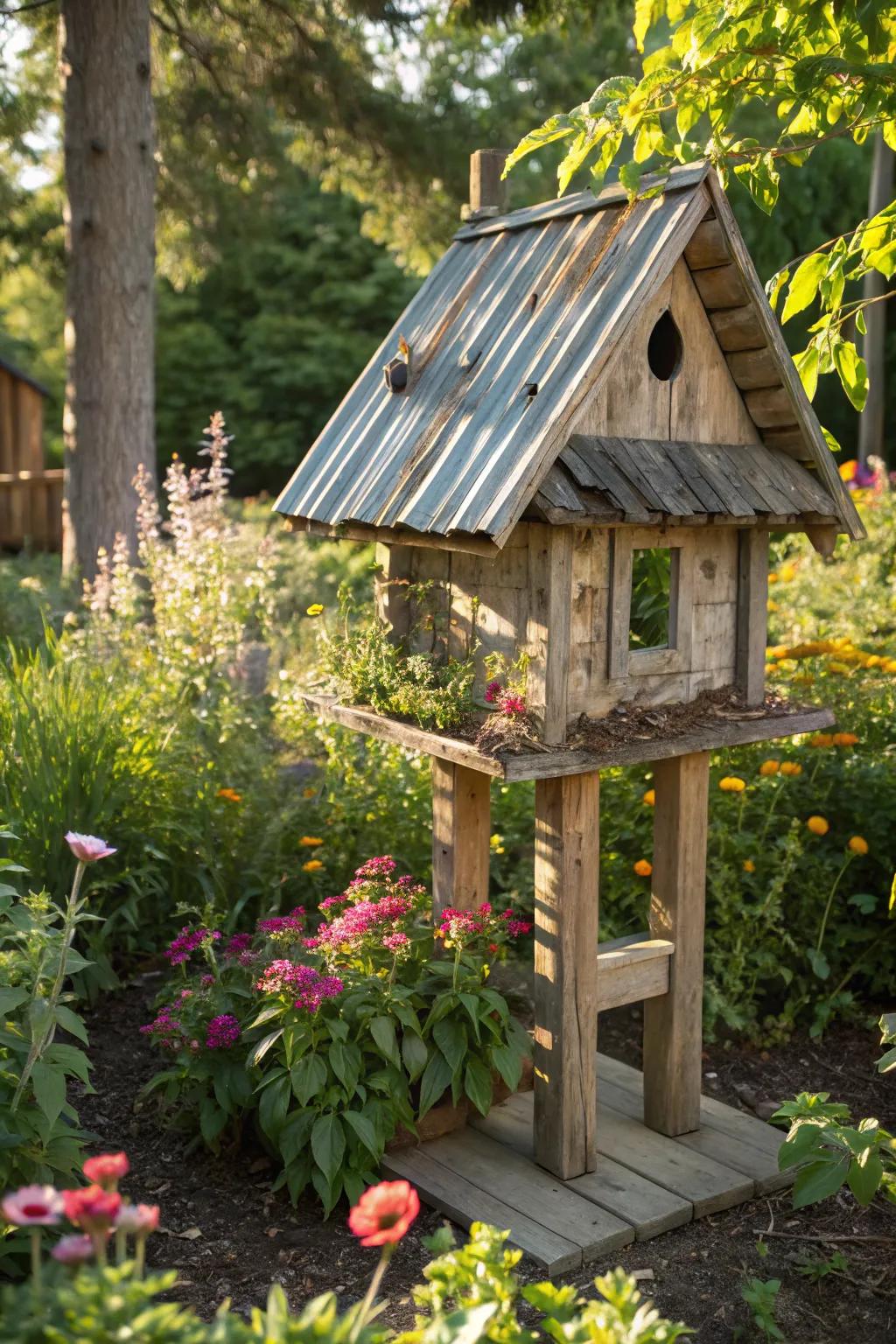 A sturdy birdhouse with a charming corrugated metal roof.