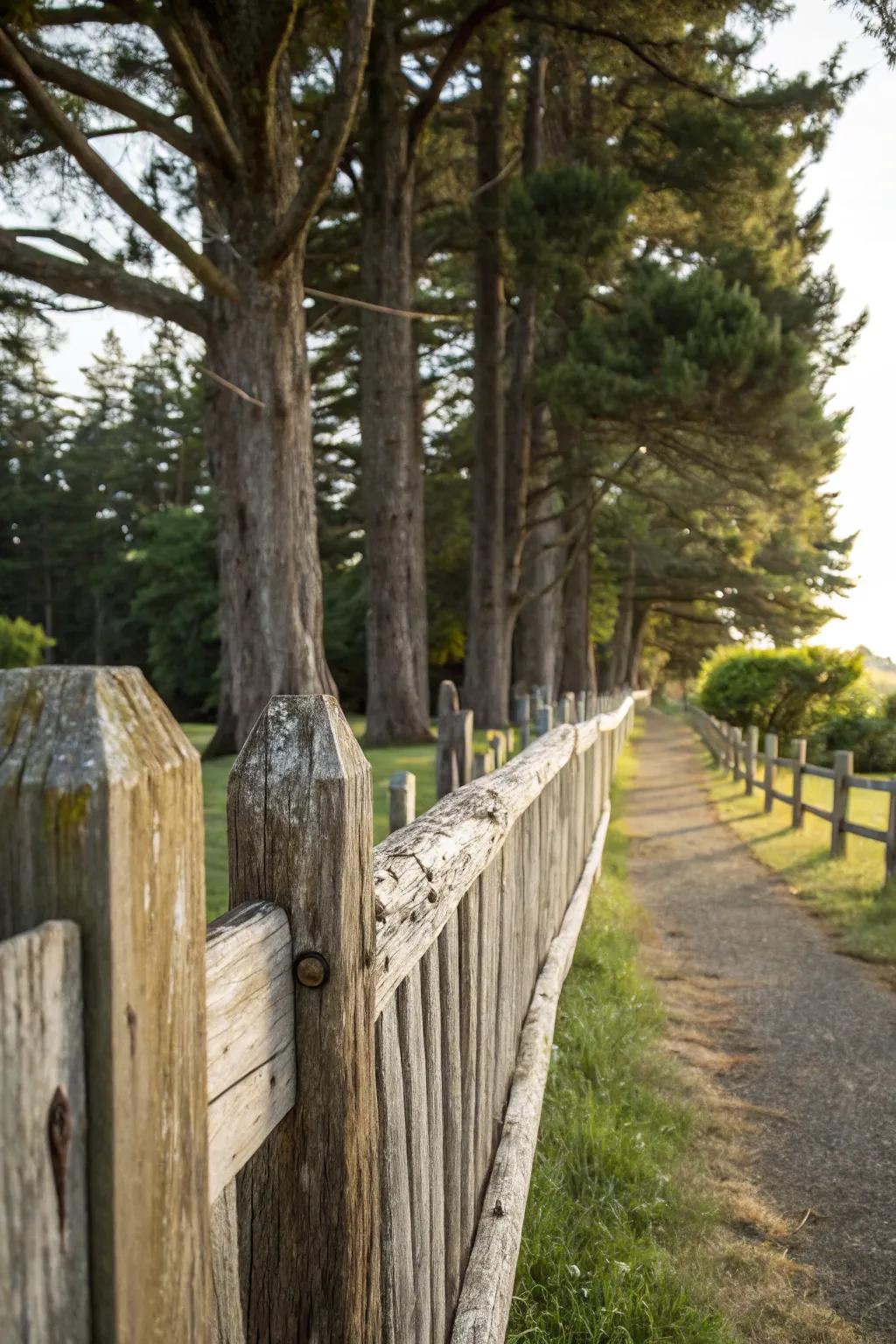 A beautifully aged cedar fence under mature trees.