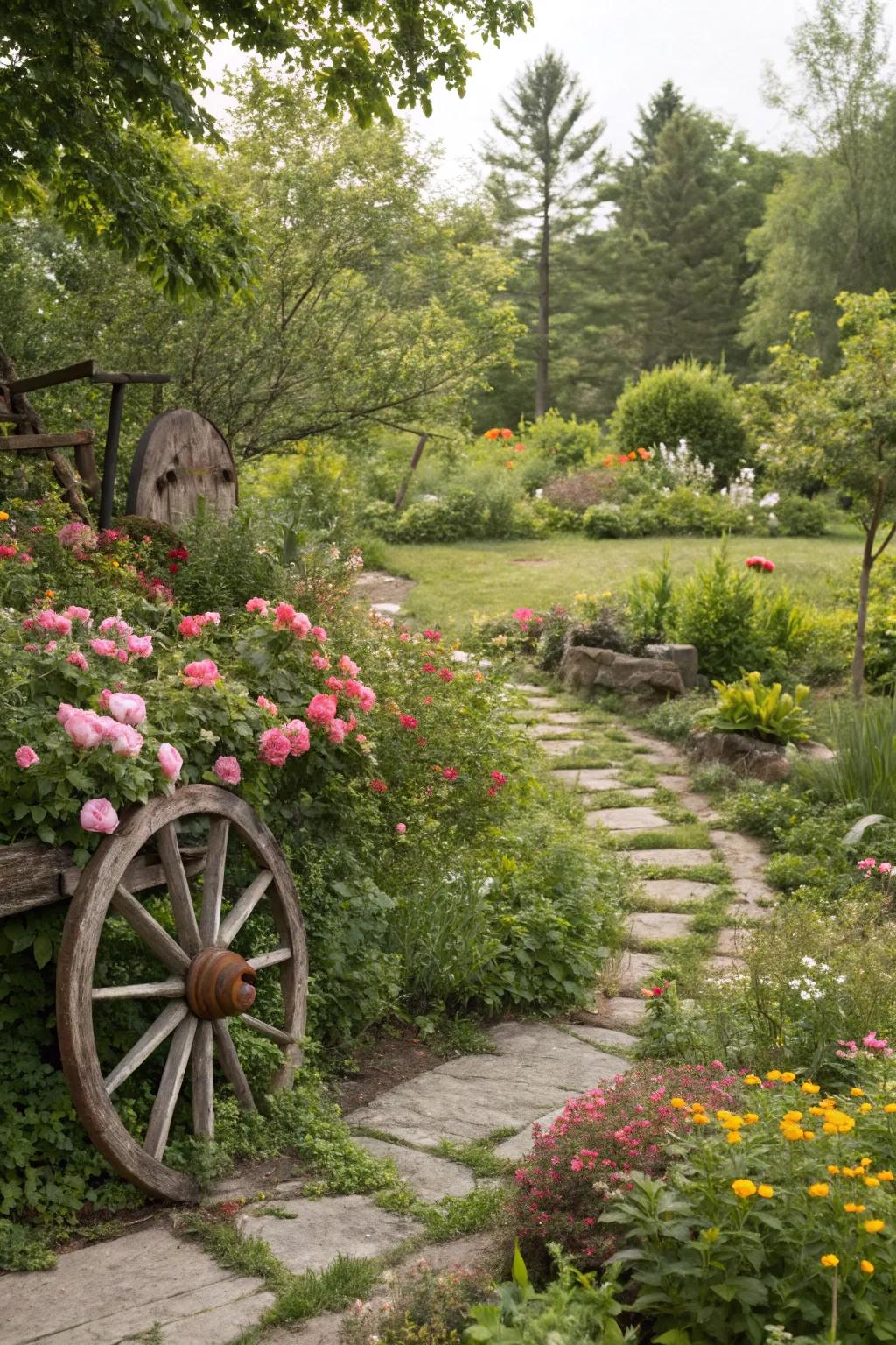 Decorative wagon wheel in a rustic garden