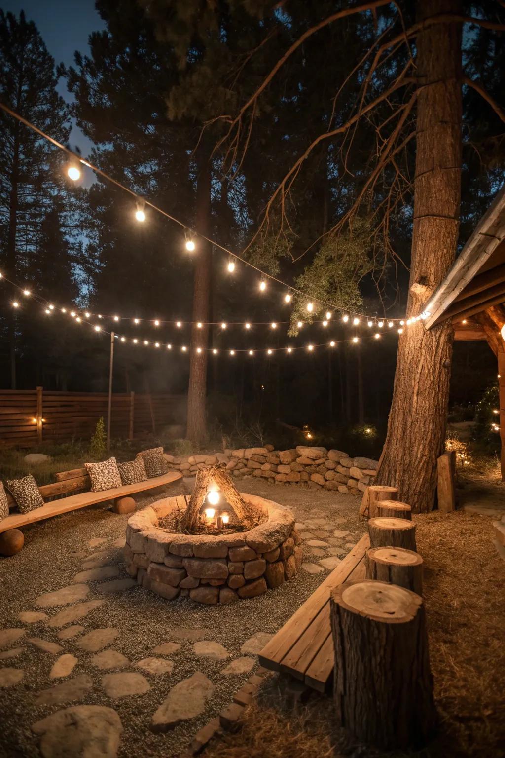 String lights add a magical ambiance to any rustic fire pit setting.