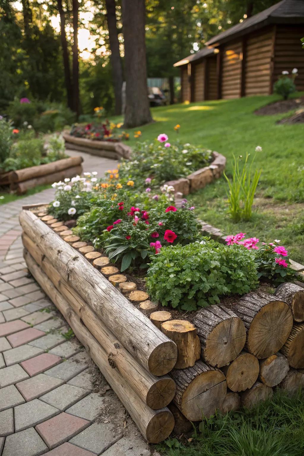 Wooden logs and slices form an inviting border for this rustic flower bed.