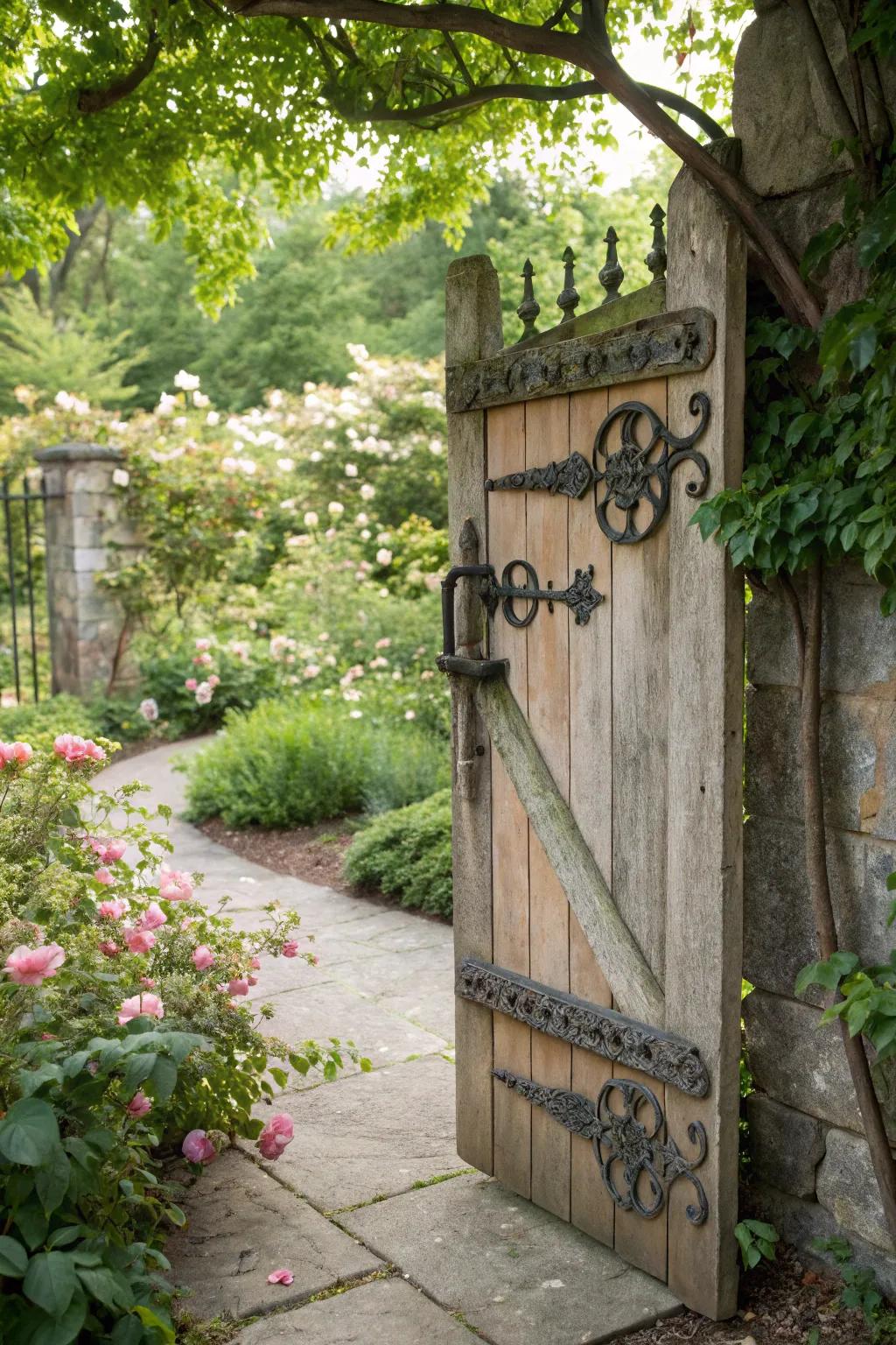 A rustic gate with a splash of metal for added elegance