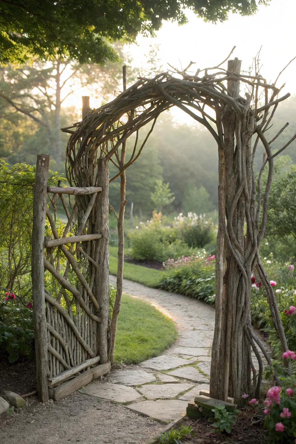 A garden gate made from intertwined twigs and branches.