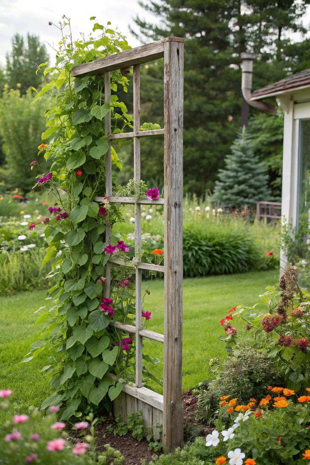 A repurposed window frame trellis adds vertical interest.