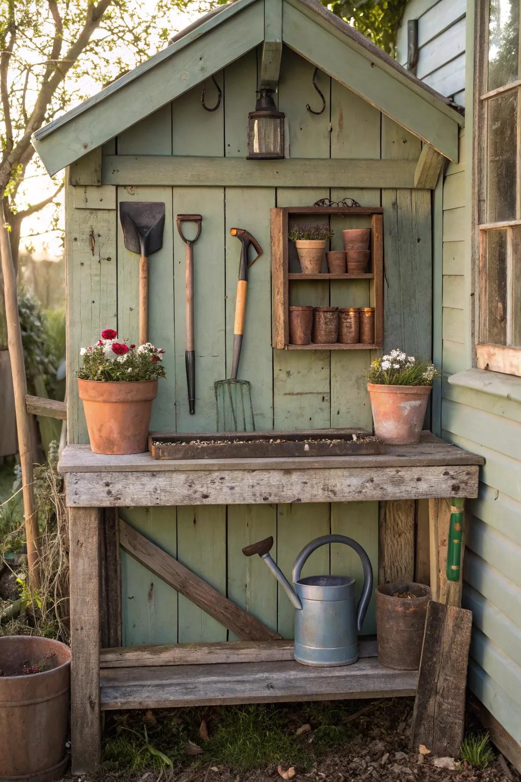 A practical potting bench adds functionality and rustic charm.