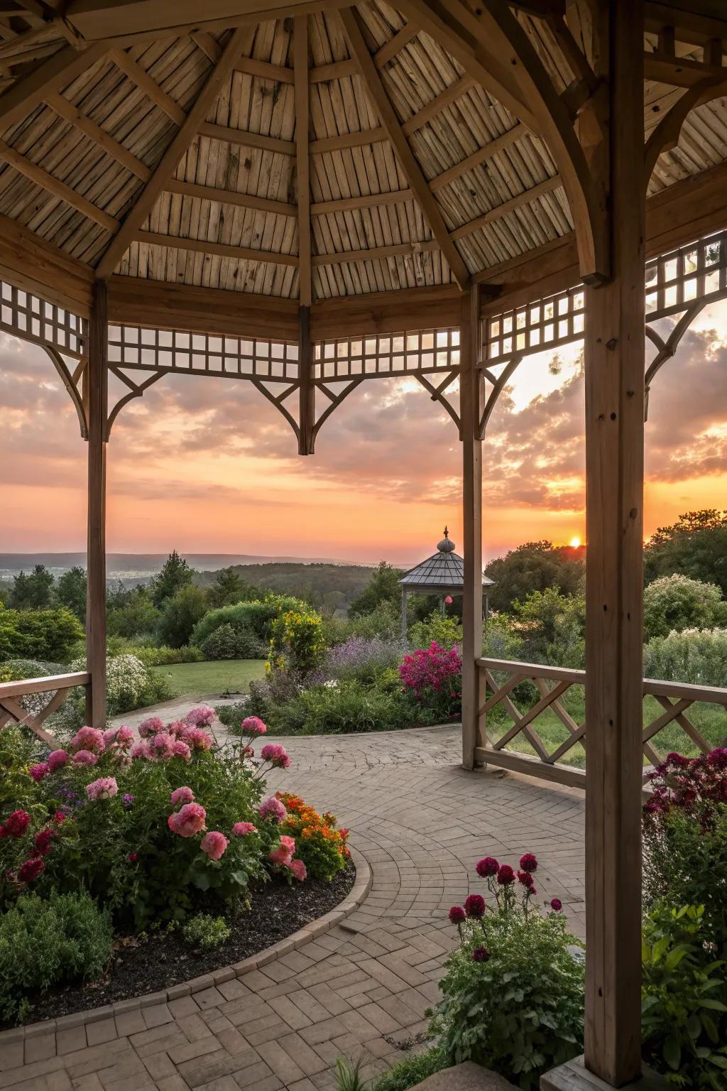 An open-concept rustic gazebo offering panoramic garden views.