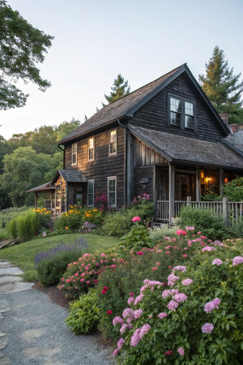Dark-toned siding adds sophistication and warmth to a rustic home.