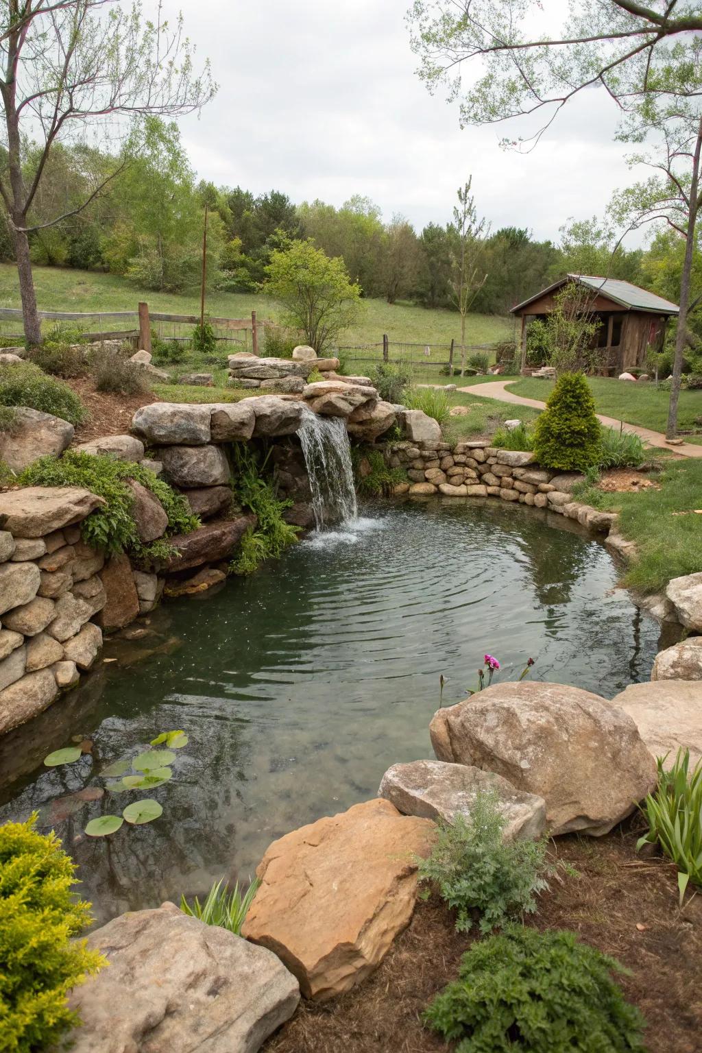 A small pond with a waterfall adds a tranquil touch to rustic settings.