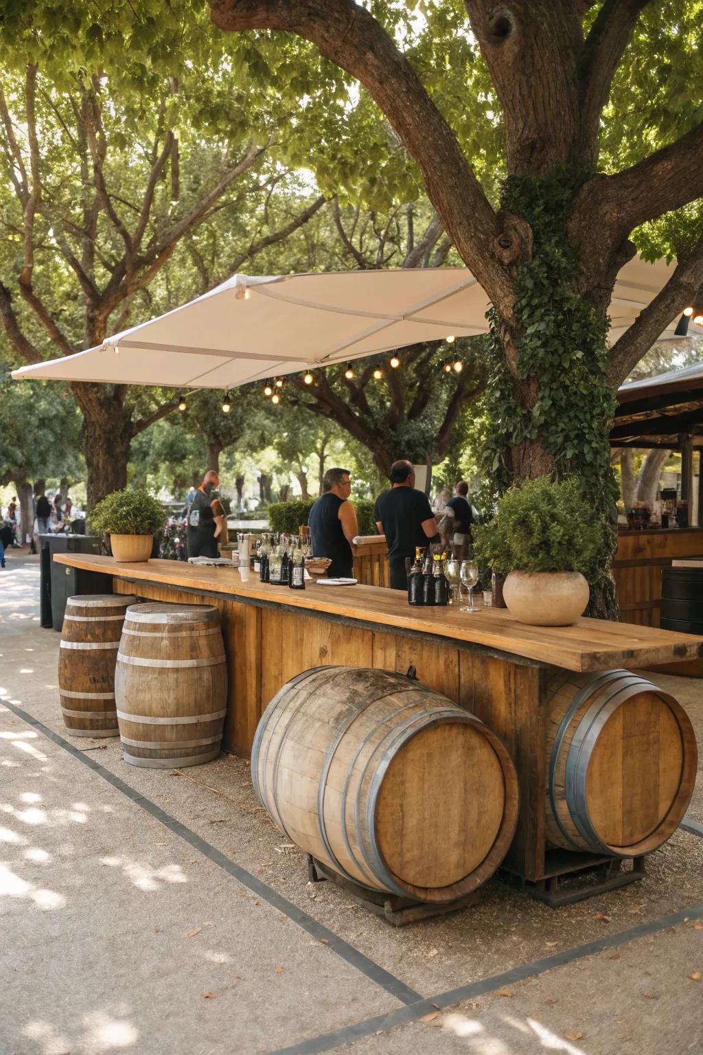 A charming outdoor bar using wine barrels for a unique and rustic look.