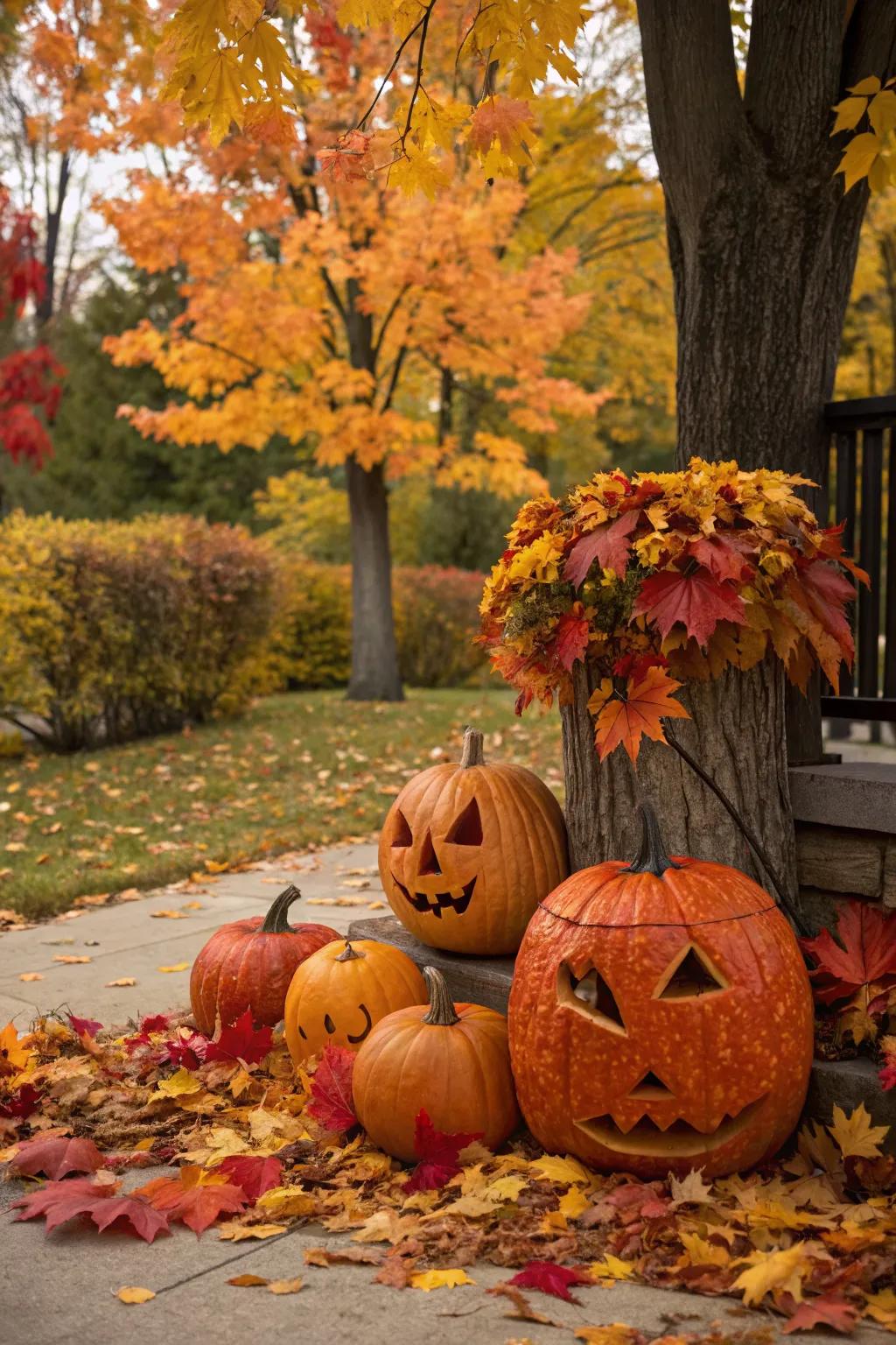 Pumpkin arrangements bring autumn warmth outdoors.
