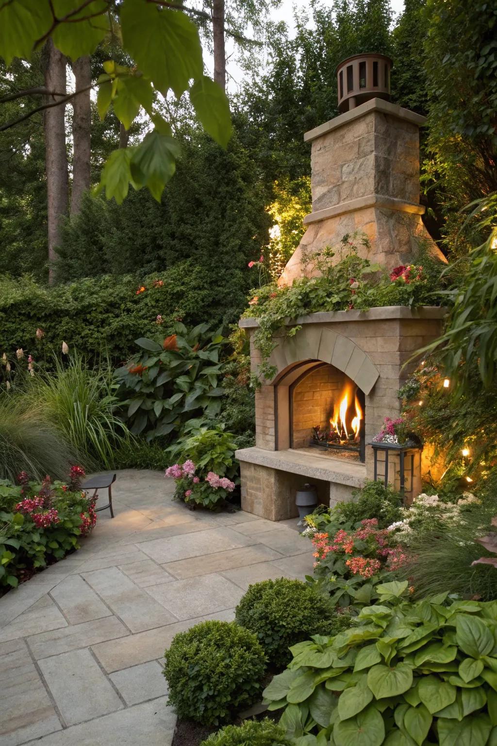 Lush greenery surrounds the fireplace, creating a tranquil and rustic environment.