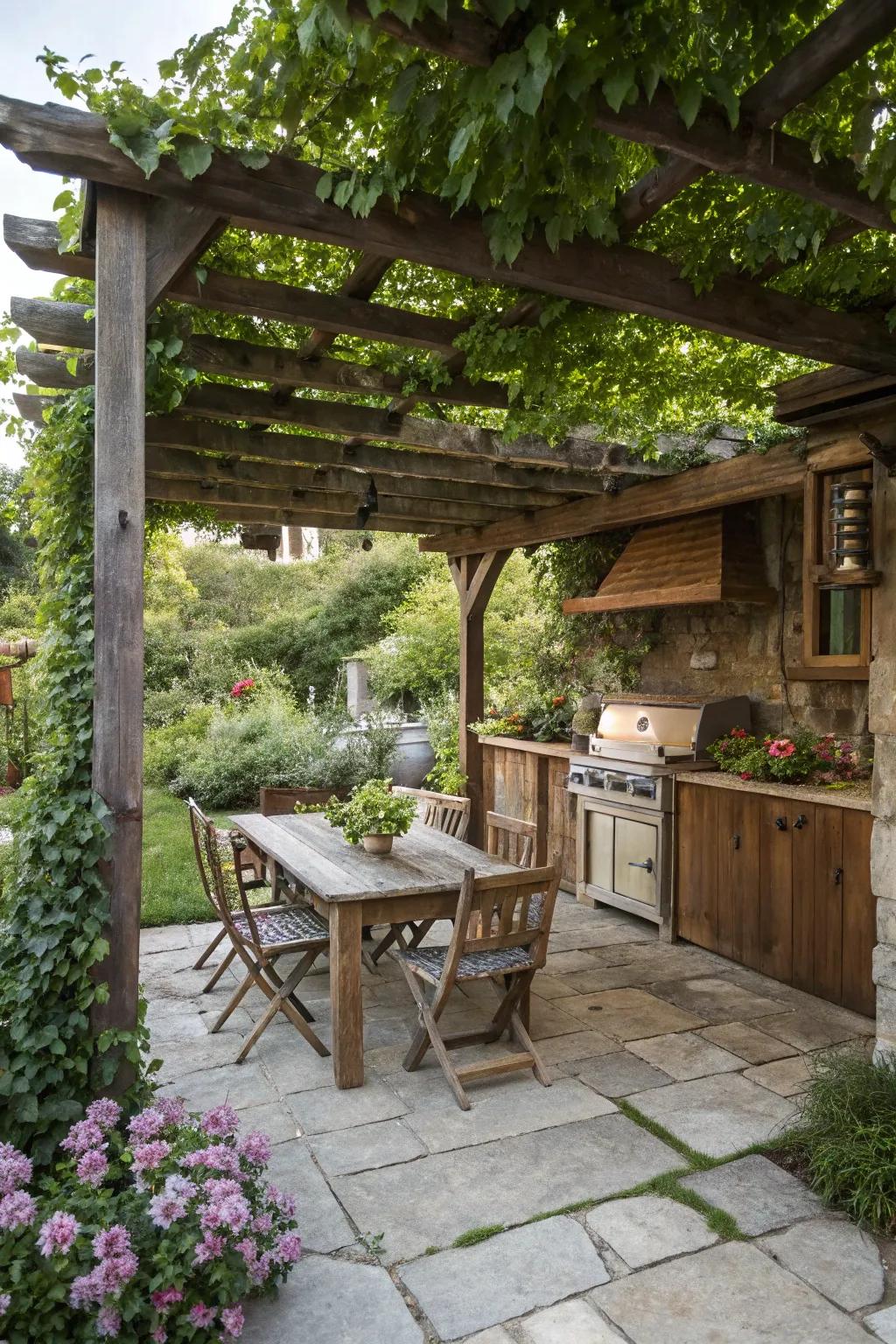 A pergola provides shade and enhances the rustic charm.