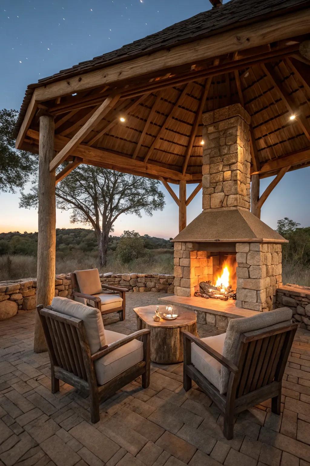Comfortable seating around a fireplace invites relaxation and conversation.