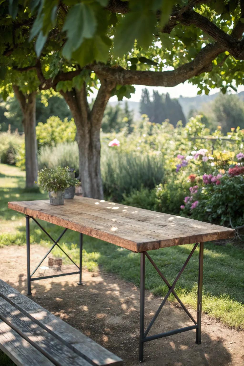 A rustic table with steel legs, merging industrial style with natural elements.