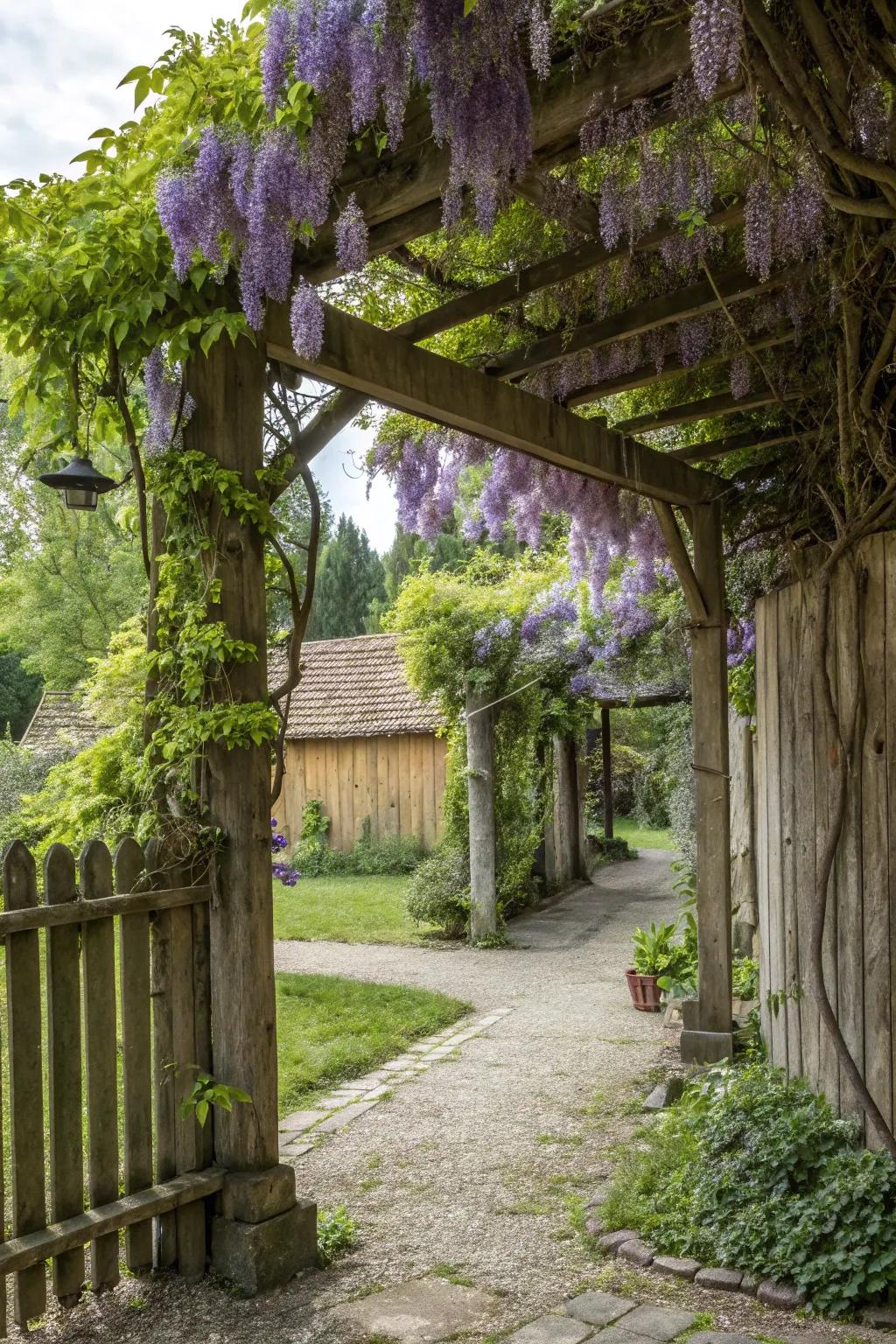 A pergola adorned with vibrant climbing plants.
