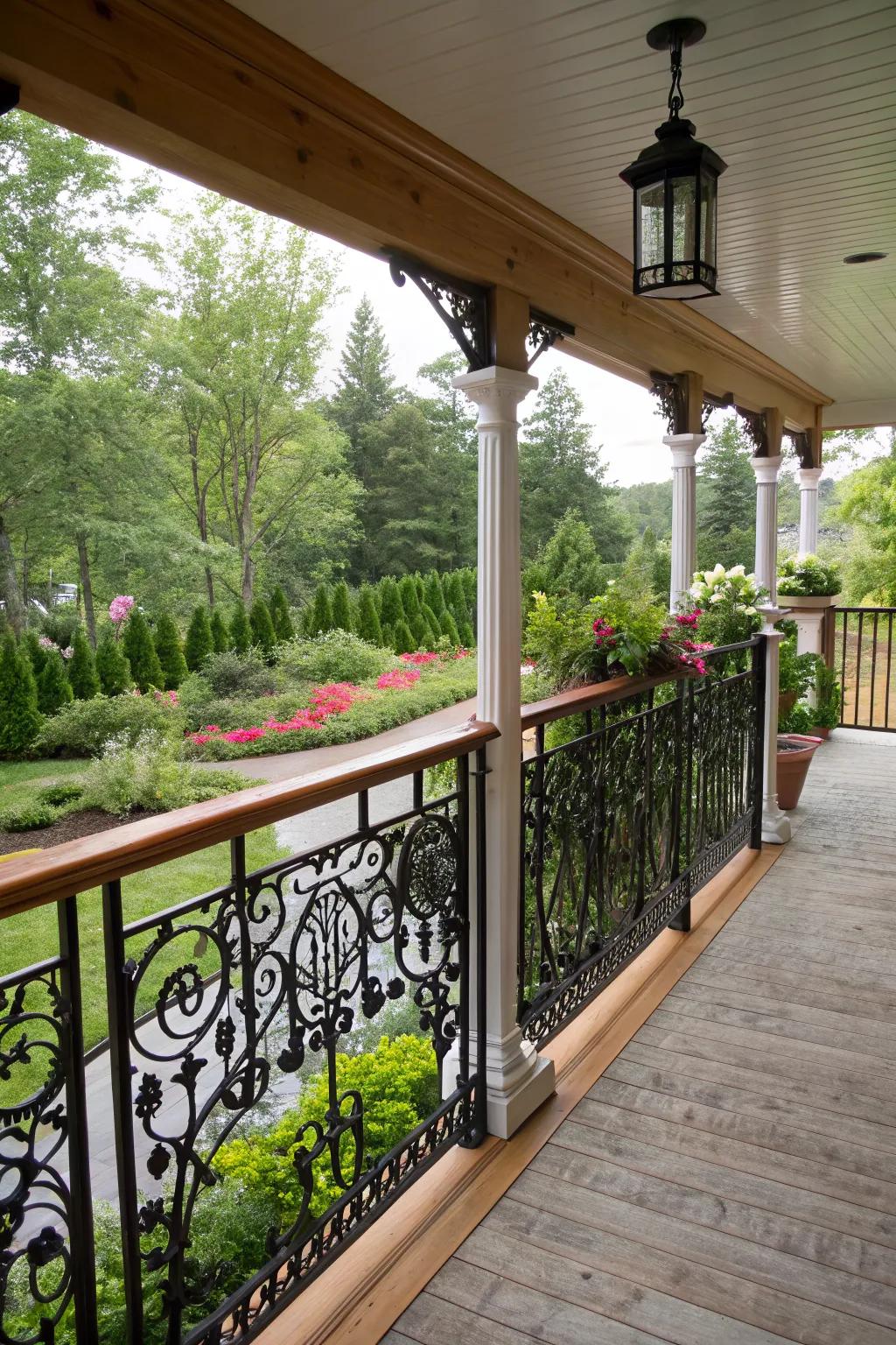 A wrought iron and wood railing blends rustic charm with industrial elegance.