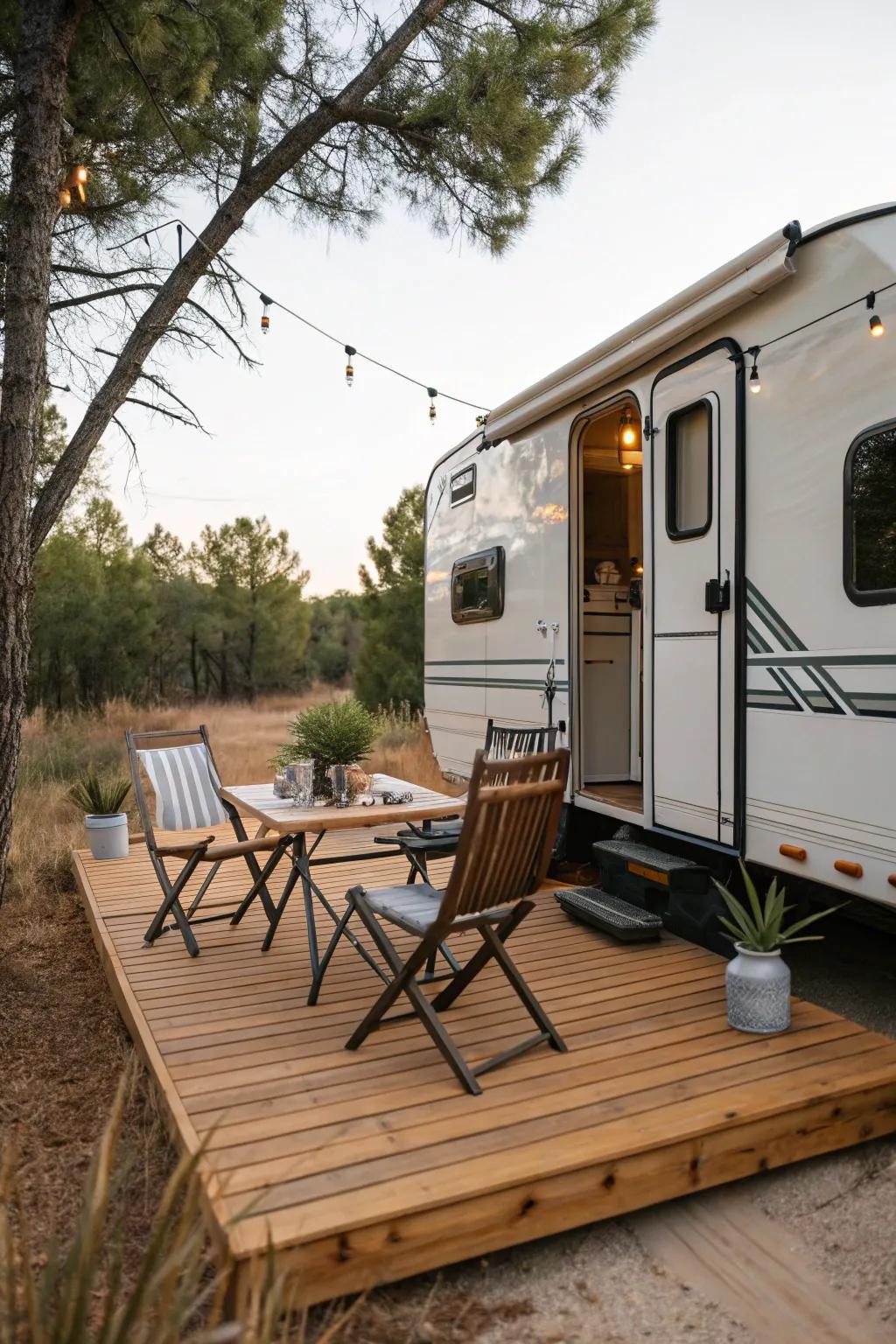 A portable deck provides a solid foundation for your outdoor setup.