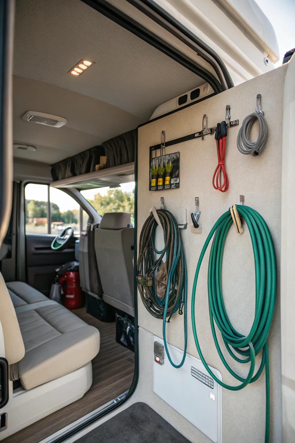 Hanging hooks provide space-saving hose storage.