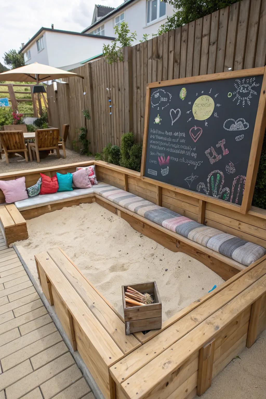 A multifunctional sand pit with seating and chalkboard.